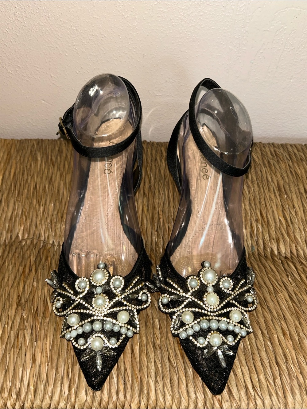 Embellished Black Pointed Toe Ankle Strap kitten heel